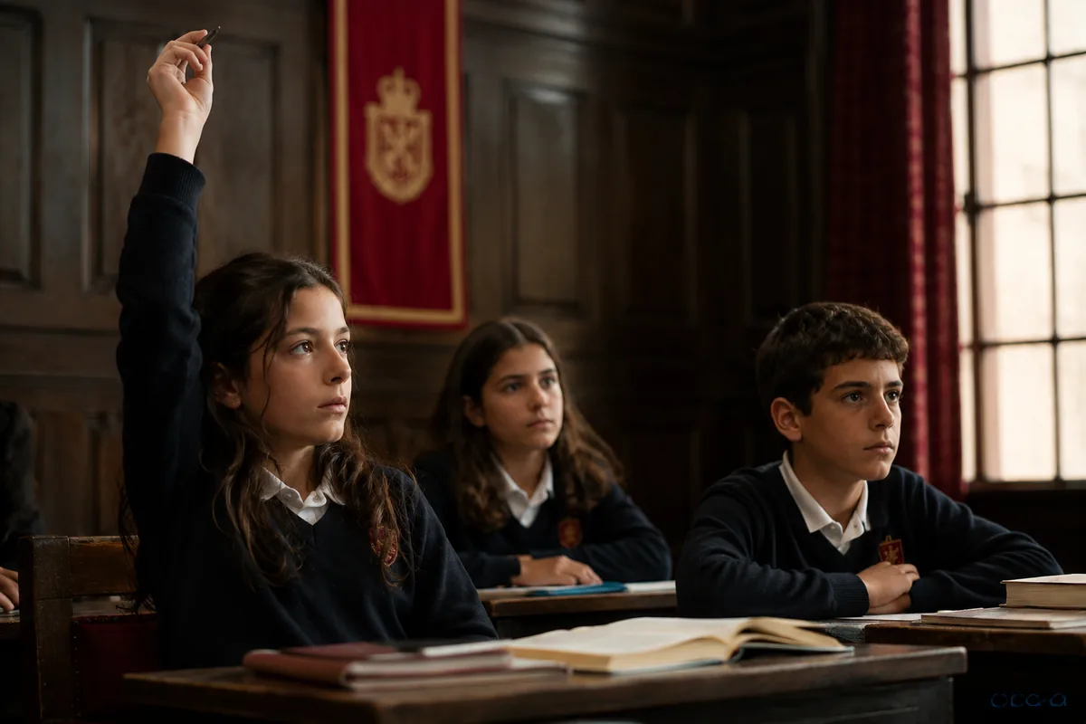 Tres niños atentos en clase, una niña con la mano levantada, sala con paneles de madera oscura