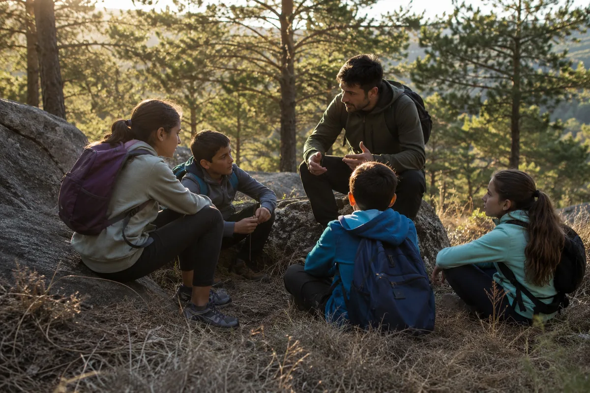 Coach con un pequeño grupo de niños en un claro de bosque, conversación al aire libre