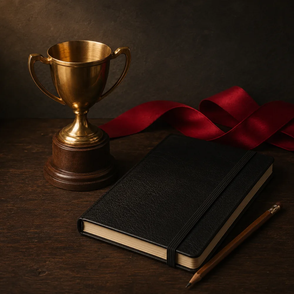 Trofeo de bronce con cuaderno y lápiz sobre madera oscura